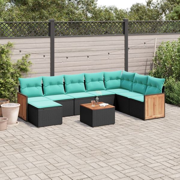 vidaXL 9-teiliges Gartensofa-Set mit Kissen, schwarzes Polyrattan 3227933