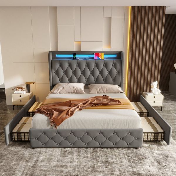 STILVORA Polsterbett 140x190 Stauraumbett mit Schubladen Jugendbett mit LED Samt-Stoff (Packung, 1-tlg, Kopfteil mit Einlegeböden und Stauraum), Doppelflachbett mit 4 Schubladen, Samt (ohne Matratze)