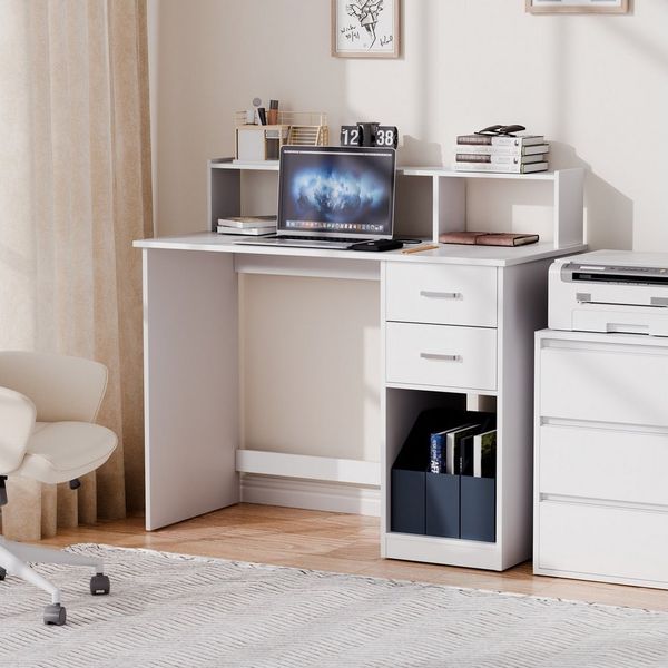 Mondeer Schreibtisch Computertisch, mit 2 Schubladen, Regal & Schrank 105x94x48cm Weiß