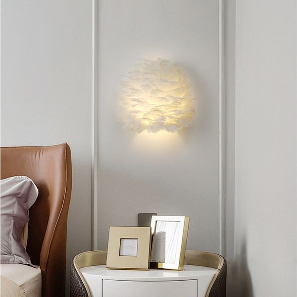 JDONG Wandleuchte 30CM Moderne Kreative Weiße künstliche Feder Wandlampe, E27, Innen Wandleuchter Minimalist Schlafzimmer Nachttischlampe 3000K, Wandbeleuchtung für Kinderzimmer Wohnzimmer Arbeitszimmer Dekorative