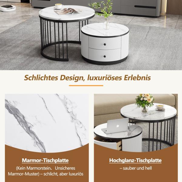 Merax Elegantes 2-teiliges, weißes Couchtisch-Set in Nestform, runde Tische mit hochglänzender Marmoroptik, 2 Schubladen, Nesting-Kombination Couchtisch, weiß+schwarz Bild 8