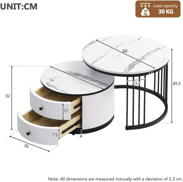 Merax Elegantes 2-teiliges, weißes Couchtisch-Set in Nestform, runde Tische mit hochglänzender Marmoroptik, 2 Schubladen, Nesting-Kombination Couchtisch, weiß+schwarz Bild 4