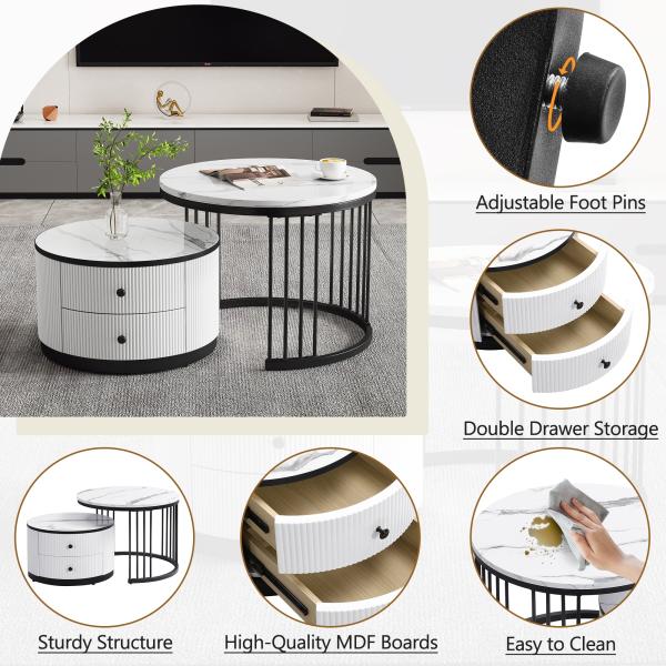 Merax Elegantes 2-teiliges, weißes Couchtisch-Set in Nestform, runde Tische mit hochglänzender Marmoroptik, 2 Schubladen, Nesting-Kombination Couchtisch, weiß+schwarz Bild 5