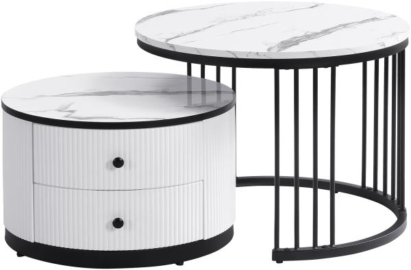 Merax Elegantes 2-teiliges, weißes Couchtisch-Set in Nestform, runde Tische mit hochglänzender Marmoroptik, 2 Schubladen, Nesting-Kombination Couchtisch, weiß+schwarz Bild 9