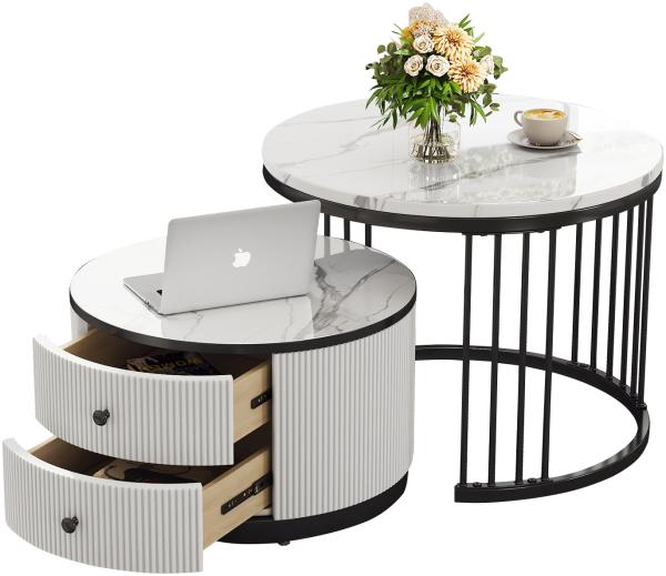 Merax Elegantes 2-teiliges, weißes Couchtisch-Set in Nestform, runde Tische mit hochglänzender Marmoroptik, 2 Schubladen, Nesting-Kombination Couchtisch, weiß+schwarz Bild 10