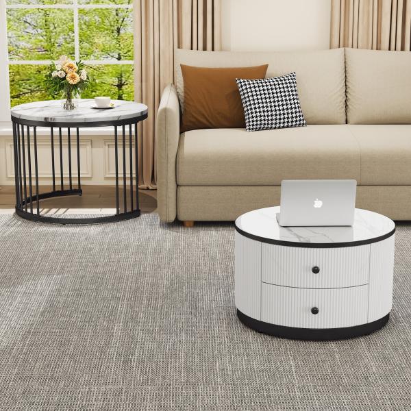 Merax Elegantes 2-teiliges, weißes Couchtisch-Set in Nestform, runde Tische mit hochglänzender Marmoroptik, 2 Schubladen, Nesting-Kombination Couchtisch, weiß+schwarz Bild 2
