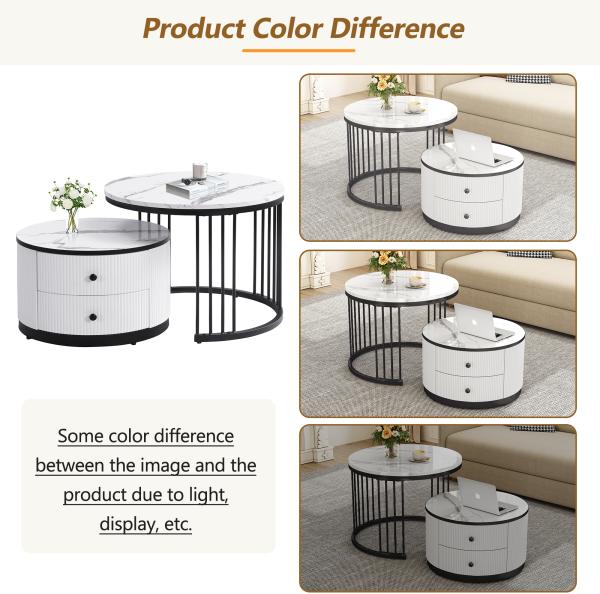 Merax Elegantes 2-teiliges, weißes Couchtisch-Set in Nestform, runde Tische mit hochglänzender Marmoroptik, 2 Schubladen, Nesting-Kombination Couchtisch, weiß+schwarz Bild 6