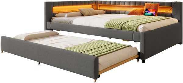 Daybett 140x200 cm Tagesbett Schlafsofa mit ausziehbarem Rollbett, LED-Fernbedienungslichtleiste, USB & Type-C Ladestation, Leinen, Grau