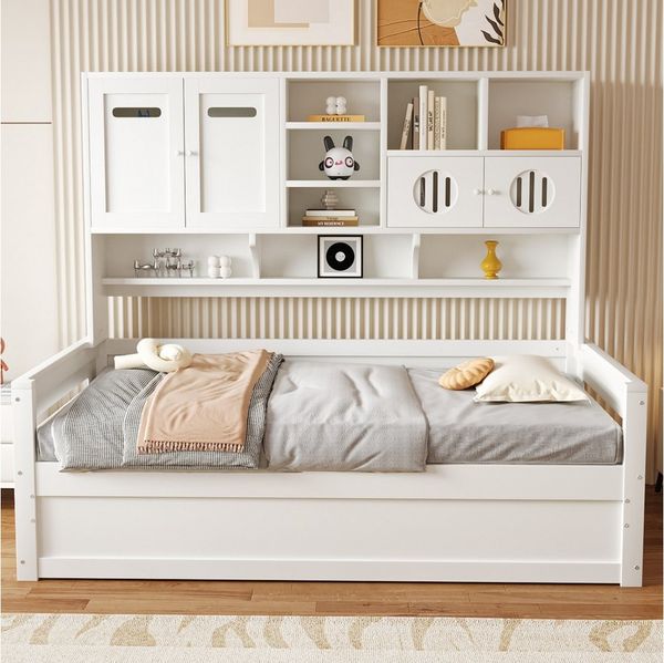 Merax Daybett (Kieferholz Sofabett Schlafsofa Jugendbett Kinderbett Einzelbett Schrankbett, 1 tlg), Tagesbett 90x200cm mit hydraulischem Stauraum, Schrank & Regalfächern
