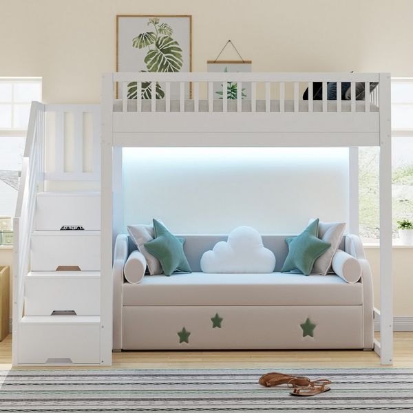 Odikalo Hochbett 140x200 Kinderbett Jugendbett mit LED, Stauraumtreppe (mit Sicherheitsleiter, Sicherheitsgeländer, Bettrahmen aus massivem Kiefernholz, LED-Lichtleiste, austauschbaren Sicherheitsleitern auf beiden Seiten, Kinderbett, Holzfarbe)