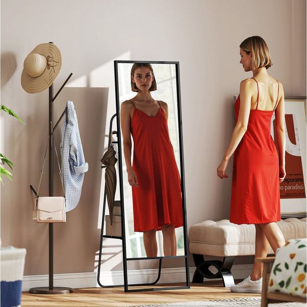 HOMCOM Standspiegel Moderner Ganzkörperspiegel mit Rückwand, Splitterschutzfolie (rechteckiger freistehender Spiegel mit 2 Haken, 1-St, für Schlafzimmer, Wohnzimmer, Umkleideraum), 50 x 38 x 157 cm, Schwarz