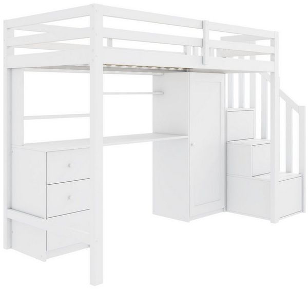 autolock Kinderbett Etagenbett,multifunktionales Kinderbett mit Schreibtisch und Treppe, Hochbett mit Kleiderschrank,Schubladen und Treppenschrank