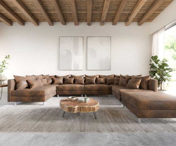 DELIFE Wohnlandschaft Clovis, XL Braun Antik Optik mit Hocker Wohnlandschaft Modules Sofa