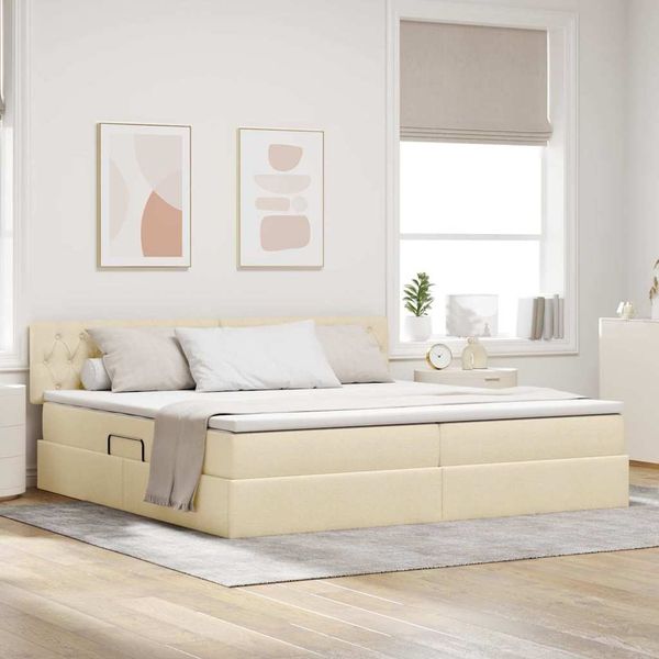 vidaXL Bett mit Stauraum und LED mit Matratze Creme 200 x 200 cm Stoff 3371233