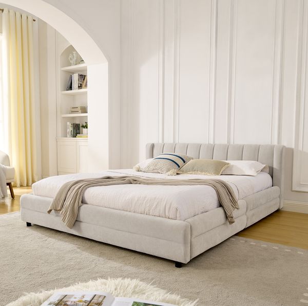 Polsterbett, Chenille mit 4 Schubladen & USB-Anschluss, 160x200 cm, Beige, ohne Matratze