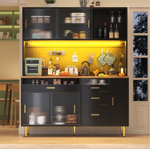Flieks Küchenbuffet mit LED-Beleuchtung, Lochwandregalen, Glasschiebetür und Gläserhalter (145x39x171 cm, 1-St, Arbeitsplatte in Holzoptik) Hochschrank Küchenschrank Geschirrschrank mit verstellbarer Ablagen