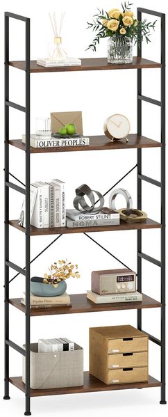 5-stufiges Bücherregal 160 cm Standregal mit Offene Trennwand & Metallrahmen Rustikales Braun