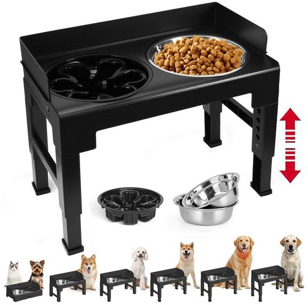 BlingBin Futternapf Futterstation Hundenapf, 5 fach Höhenverstellbar Futternapf (8–30 cm), Edelstahl, mit Edelstahlnäpfen,Langsam Fütterer Hundenäpfe,für Große kleine Hunde
