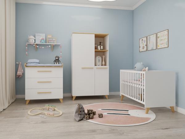 Roba Babyzimmer Set 'Leon' 3-teilig - Baby- & Beistellbett 60 x 120 cm + Wickelkommode + Kinderkleiderschrank 2-türig - Weiß / Dekor Othello Eiche