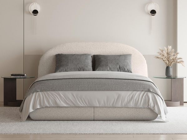 Beautysofa Polsterbett MOTTI mit Bettkasten und gepolstertem Kopfteil (Erhältlich in 3 Breiten: 140, 160 oder 180 cm, mit oder ohne Matratze und Topper), Modischer Bouclé-Stoff in 3 Beigetönen