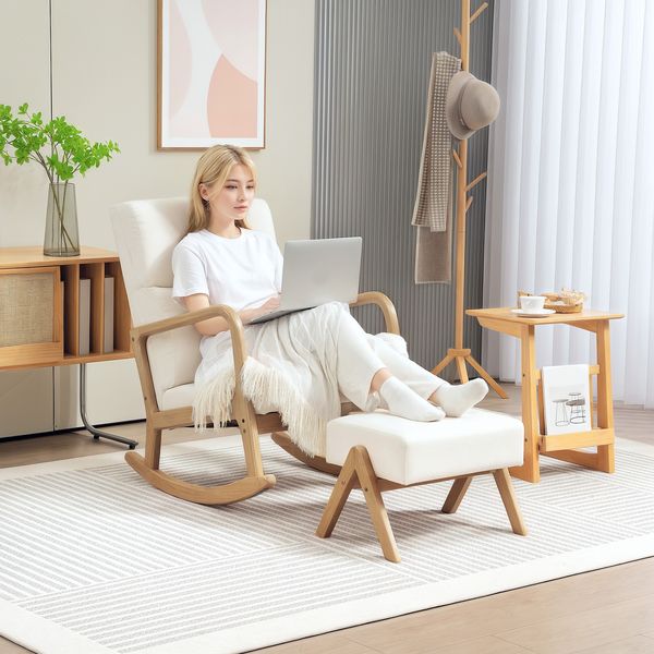 Sessel 65x96x94,5 cm, Schaukelstuhl mit Hocker, gepolstert, Cremeweiß