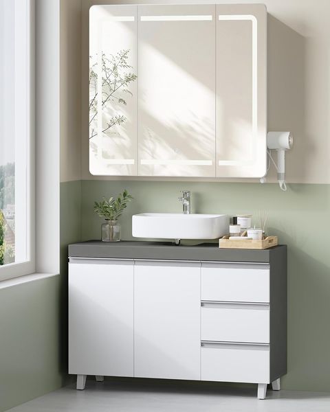 Waschbeckenunterschrank, Badezimmer Unterschrank, mit 3 Schubladen, 2 Türen, 2 Fächer hinter Tür, freistehender Waschtischunterschrank, 30 x 90 x 64 cm, Wolkenweiß-Zementgrau