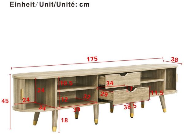 KLAM HOME Lowboard TV-Schrank 175 cm mit Rattan-Schiebetür, Walnussoptik & viel Stauraum (mit Schubladen & Schrank – natürliches Design), Landhausstil Fernsehtisch aus MDF mit offenen Fächern Bild 2