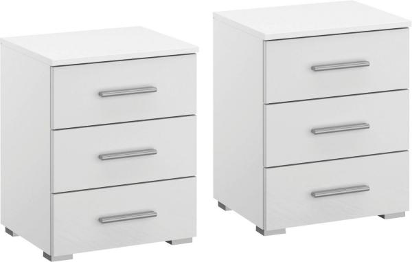 Rauch Möbel Base Nachttisch-Paar, 2 Nachtkommoden, Weiß/Hochglanz Weiß, 3 Schubladen, BxHxT á 40 x 52 x 40 cm
