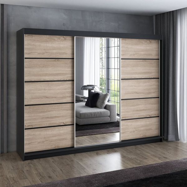 A&J MöbelLand GmbH Schiebetürenschrank VILUNO 3 mit 4 Schubladen und Spiegel (TOP ANGEBOT! Geräumiger Schrank mit einer Breite von 200 cm und Spiegel, ideal zur Aufbewahrung von Kleidung und Accessoires. 4 Schubladen und viel Stauraum. TOP PRODUKT! Wäh...