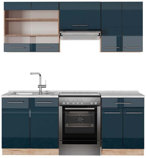 Küchenzeile Fame-Line Dunkelblau Hochglanz/Goldkraft Eiche 200 cm , AP Marmor Vicco