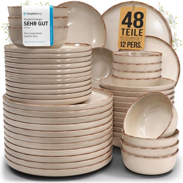 PURE LIVING INTERIOR DESIGN Geschirr-Set Steingut Geschirrset 12 Personen Rustic 48 tlg. TESTSIEGER, Hochwertig (48-tlg), 12 Personen, Steingut, Mediterrane Handwerksoptik, Reaktive Glasur – jedes Stück einzigartig…