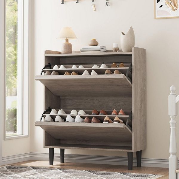 GarveeMore Schuhschrank aus Holz mit 2 Klappschubladen und verstellbarem Regal Schuhregal,Schuhkipper für Flur,Wohnzimmer,88x27x95.5cm