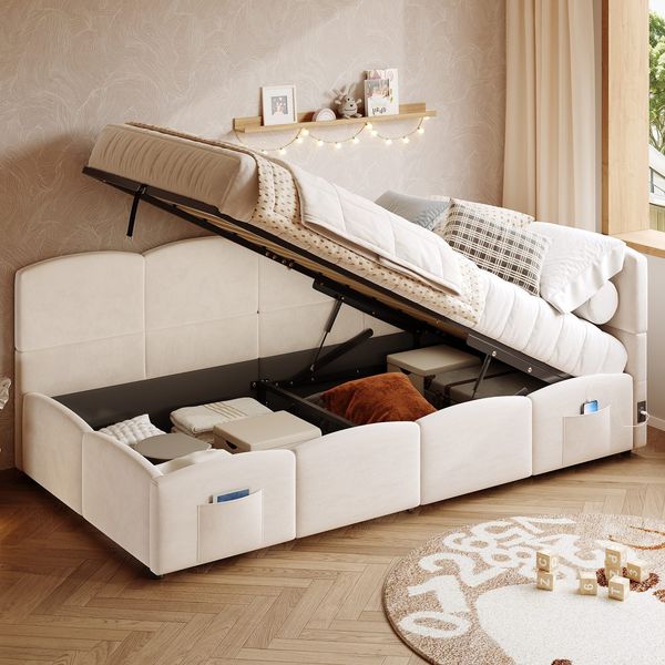 Polsterbett mit Aufbewahrung, Taschen, Lattenrost, USB und Type-C, 90x200 cm, Einzelbett mit gepolstertem Kopfteil, Samt