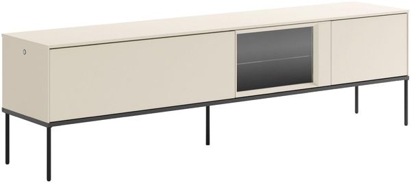 Selsey TV-Lowboard 196 cm Cremefarbenes Mattes Design Hochwertige Spanplatte & Gehärtetes Glas Schwarze Metallbeine Integriertes Eye-LED mit Touch Push-to-Open Ideal fürs Wohnzimmer