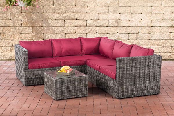 CLP Polyrattan Ecksofa-Garnitur Genero 5mm,grau-meliert rubinrot
