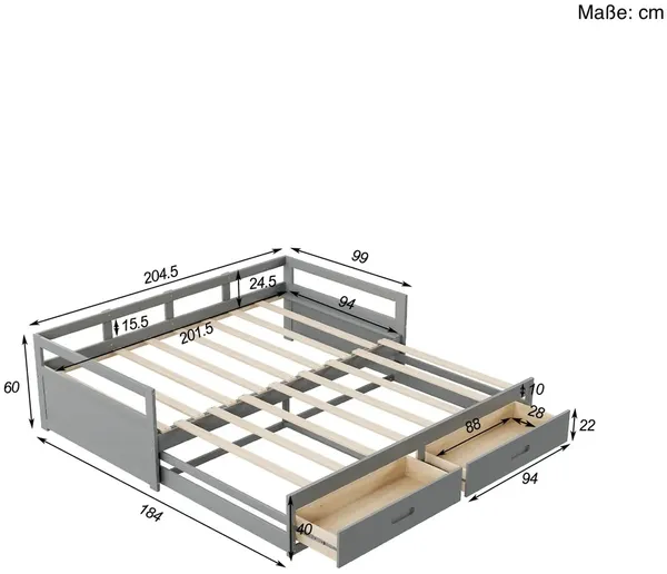 Schlafsofa, 90x200 cm/180x200 cm, Ausziehbett mit Bettfunktion, inkl. Lattenrost und Schubladen, Holzbett, Holz Bild 4