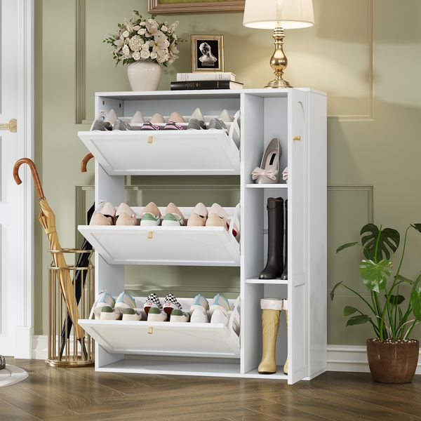 Merax Schuhschrank mit 3 Klappen und 1 Tür, Schuhkipper Schmal, Schuhkommode mit verstellbaren Trennwände, Schuhregal Flur freistehend, für Eingang Wohnzimmer, Weiß, 90x25x114cm