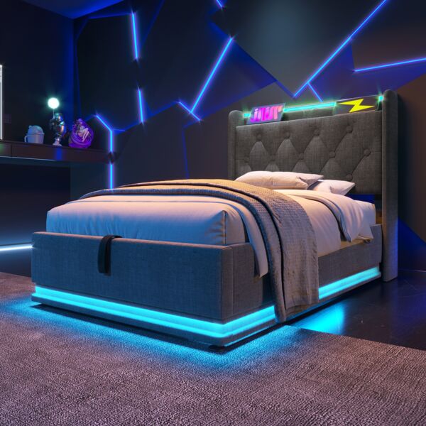 Merax Einzelbett, Kinderbett 90*200 cm Polsterbett, 360-Surround-LED-Funktion, Drucktaste/App, gepolstertes Kopfteil mit USB Typ-C Ladefunktion, Grau Leinen