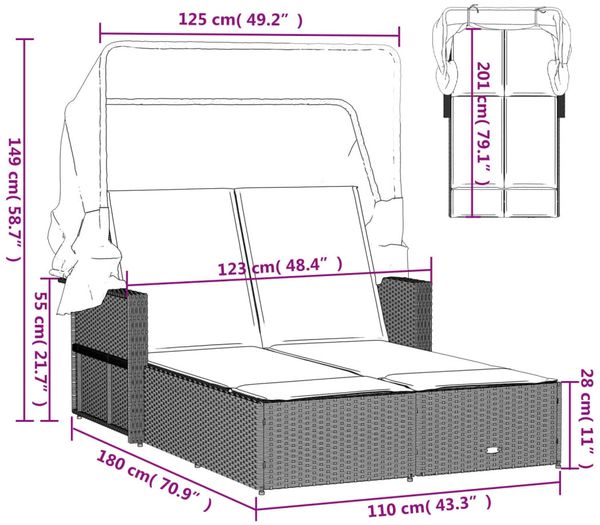 vidaXL Doppel-Sonnenliege mit Dach und Auflagen Hellgrau Poly Rattan 365812 Bild 12