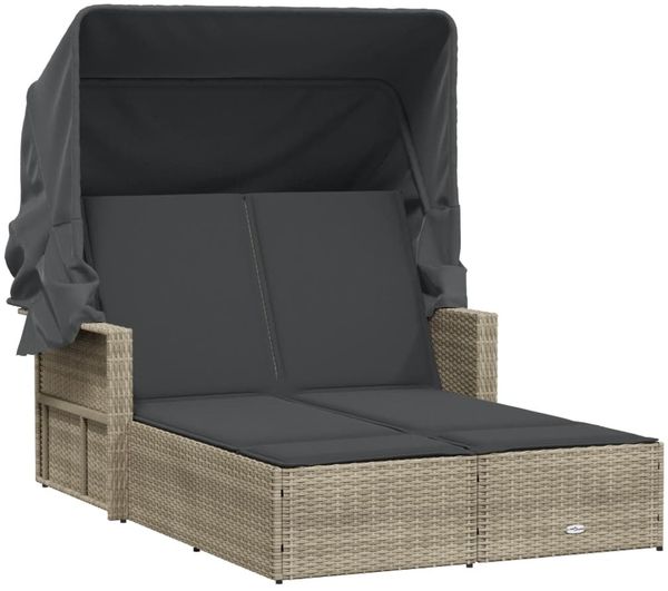 vidaXL Doppel-Sonnenliege mit Dach und Auflagen Hellgrau Poly Rattan 365812 Bild 2