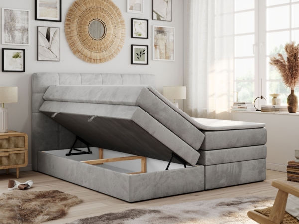 Boxspringbett mit Kopfteil und Topper, Polsterbett - LUKA-KING - 120x200cm - Hellgrau Velours - H4 Bild 2