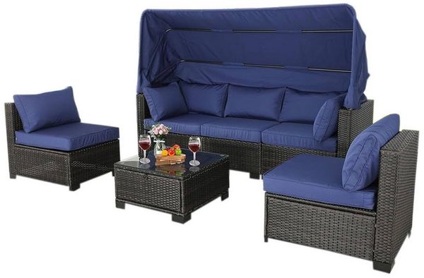 HTI-Living Gartensofa Outdoor Sofa Eleni Braun/Blau, Set 6 Teile, Loungemöbel Gartenlounge Terrassenmöbel