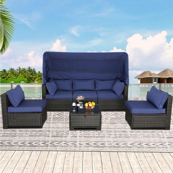 HTI-Living Gartensofa Outdoor Sofa Eleni Braun/Blau, Set 6 Teile, Loungemöbel Gartenlounge Terrassenmöbel