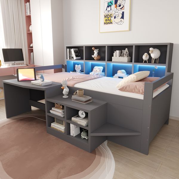 Merax Kinderbett 90×200 cm, Jugendbett, Einzelbett, Schreibtisch Mit Stauraum Und Steckdosen, Ausgestattet Mit LED-Lichtleiste Und Mehrstufigen Ablagefächern, Aus Massivholz, Grau
