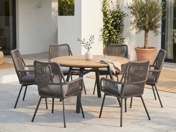 Lesli Living Garten-Essgruppe "Monza" Rund Ø120cm + 4 oder 6 Geflecht-Stühlen, Teakholz, Aluminium, (5-tlg), Sitzkissen, Geflochten, Scandi / Skandi - Boho, Gartenmöbel-Set, Rope