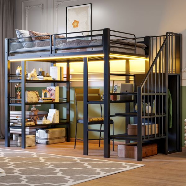 Novelux Metall Hochbett 90x200 mit Schreibtisch, Schrank & LED-Steckdose – Schwarzes Eisenbett, Multifunktionsbett mit Treppe & Stauraum für Jugendzimmer