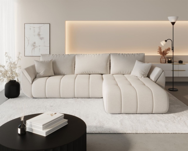 Ecksofa Schlafsofa MISATO Stoff Wind Beige Ottomane Rechts