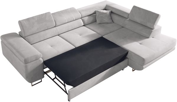 Ecksofa L-Form Couch mit Schlaffunktion und Verstellbare Kopfstützen - GUSTAW - Hellgrau Velours - Rechts Bild 3