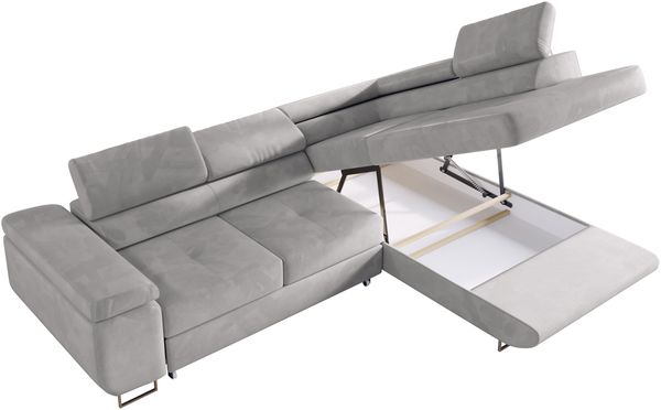 Ecksofa L-Form Couch mit Schlaffunktion und Verstellbare Kopfstützen - GUSTAW - Hellgrau Velours - Rechts Bild 2