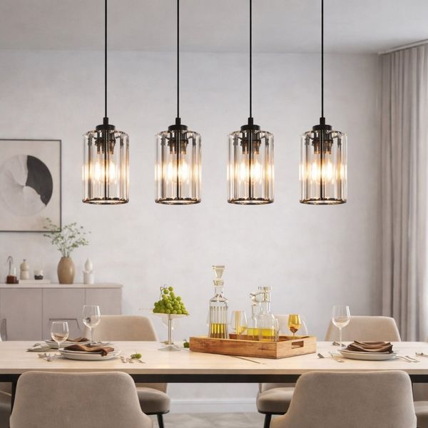 ZMH Pendelleuchte Esszimmer 4 Flammig Schwarz Modern Hängelampe Wohnzimmer Flur, Einfache Installation, ohne Leuchtmittel, Höhenverstellbar Kristall Esstischlampe für Küche